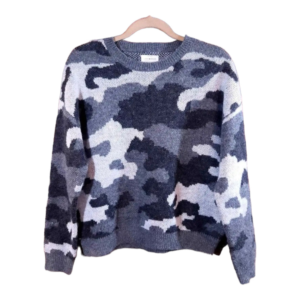 Lucky Brand Drop Shoulder Wool Blend Camo Sweater in Gray Cozy Comfy Women's M